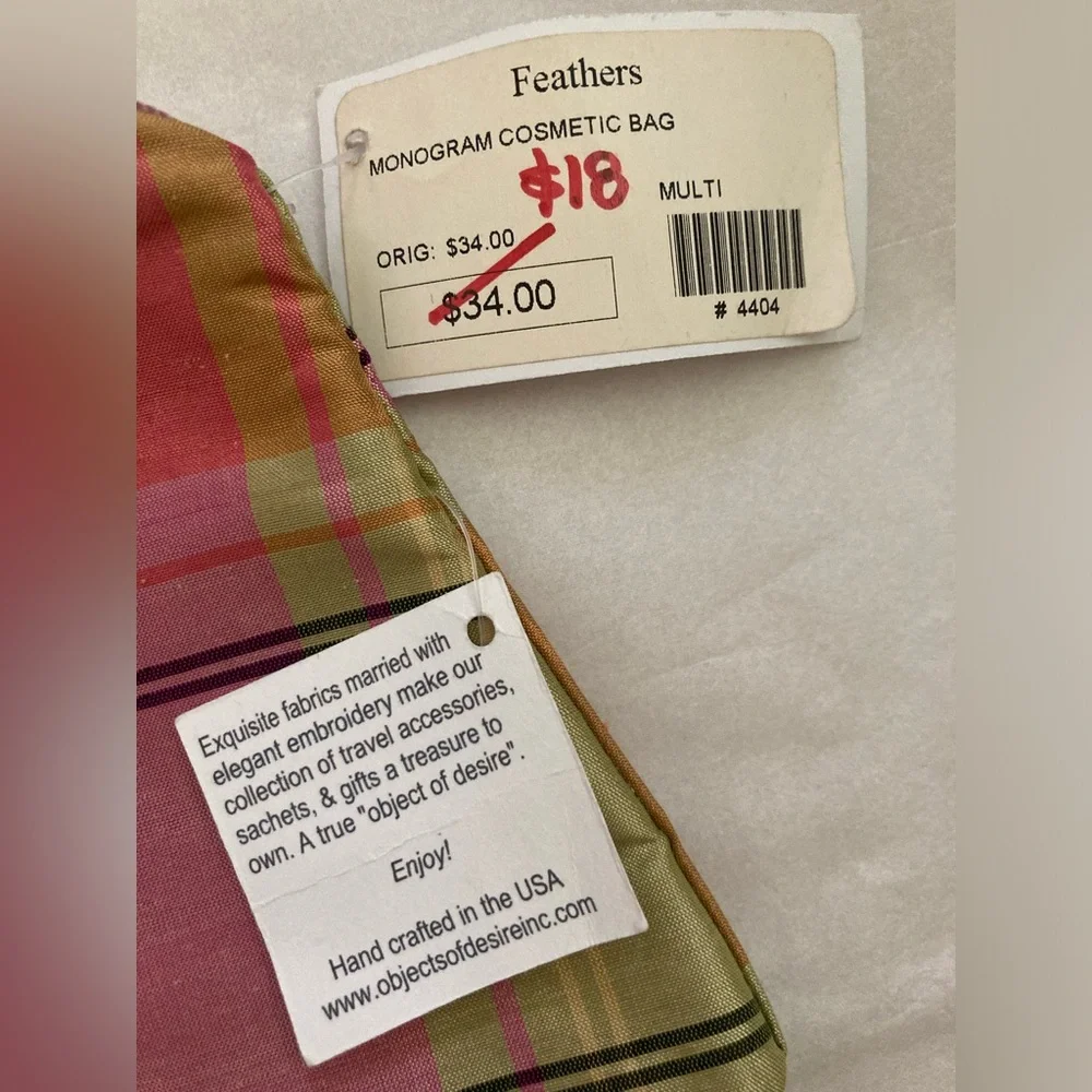 NWT “J” Plaid zip pouch cosmetic bag embroidered monogram Pink Sage Green